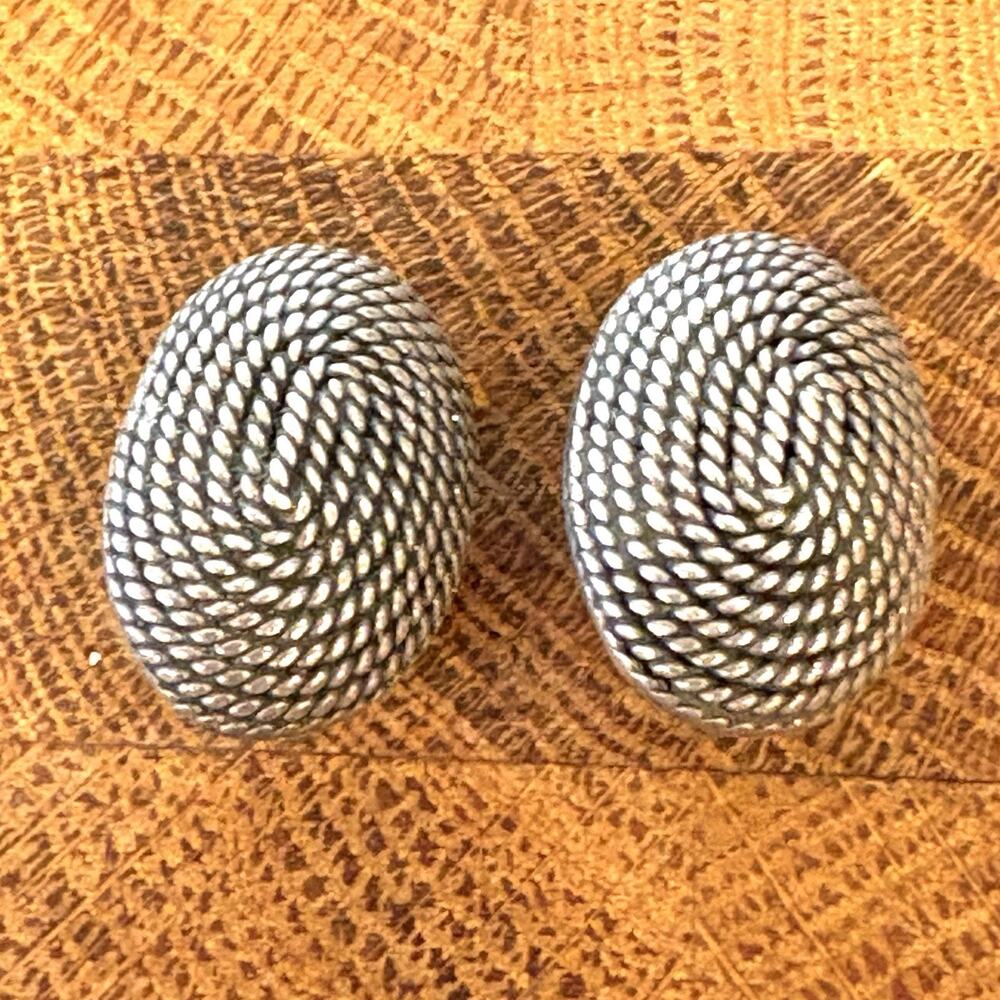 Vintage Mexico 925 Sterling Earrings Silver Large Oval Rope Clip On Modernist